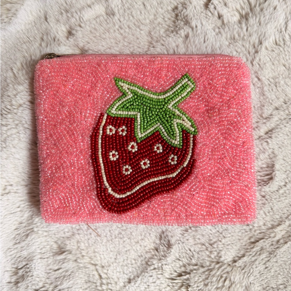 Pink Beaded Mini Bag with Strawberry Design